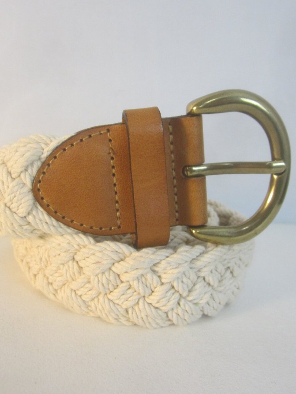 Eddie Bauer Unisex Small / Medium Ivory Braided Nautical Belt Leather Brass 34"